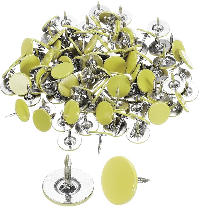 uxcell 150Pcs Upholstery Tacks, 11mmx10mm Flat Head Thumb Tack Decorative Furniture Nails Push Pins for Furniture Sofa Headboards, Light Yellow-DeskLoop Office