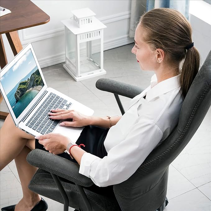 ovios Ergonomic Home Office Chair, Mid-Century Modern Faux Leather Chairs with Padded Armrests, Comfy High Back Swivel Rolling Executive Computer Armchair (Dark Grey, Suede Leather)-DeskLoop Office