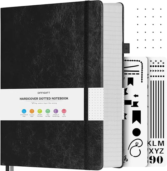 Dotted Journal Notebook, 312 Numbered Pages Large B5 Hardcover Leather Notebook, 100gsm No Bleed Paper Dot Grid Notebook with Index Pages, Dot Journal for Women Men, 7.6'' X 10'', Black-DeskLoop Office