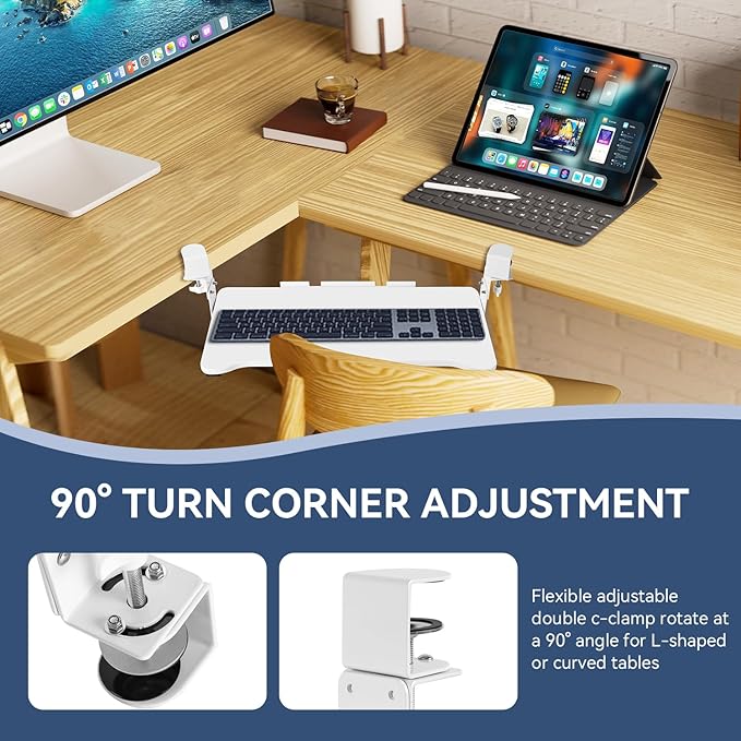VUSIGN Keyboard Tray Under Desk Height Adjustable,Pull Out with Adjustable C Clamp Mount System for L-Shaped Tables, Extra Sturdy, 26.4” x 11.8” Slide-Out Platform Computer Drawer for Typing,White-DeskLoop Office