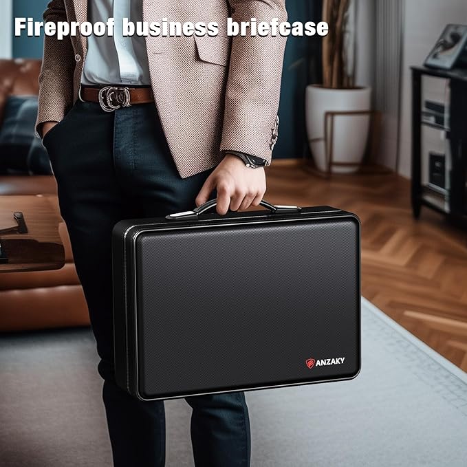 Fireproof Document Box with Fireproof Zipper, Hard Inner Shell Fireproof Document Bag with Lock, Fireproof Water Resistant Important Document Organizer 16 inch Laptop File Briefcase (Black)-DeskLoop Office