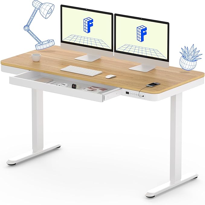 FLEXISPOT 55" Electric Standing Desk with Drawers, Quick Assembly Home Office Sit Stand Desk with Storage, USB Charging, Computer Desk for Home Office (Maple Top + White Adjustable Frame, Comhar)-DeskLoop Office