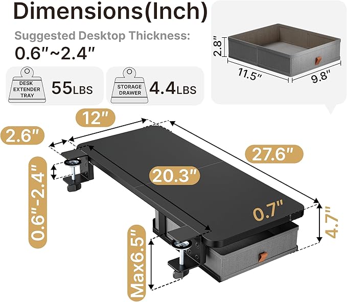 Desk Extender Tray, 28" x 12" Clamp On Desk Shelf, Desk Extension with Storage Drawer, Table Desk Arm Rest, Clamp On Keyboard Tray for Office and Home, Workstation Organizer, Large, Black-DeskLoop Office