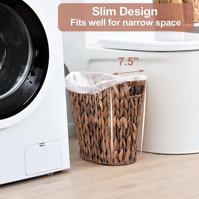 FairyHaus Wicker Waste Basket with Handle, Hand-Woven Water Hyacinth Trash Can for Bathroom Bedroom, Brown Wicker Storage 13 x 7.5 x12.2-DeskLoop Office