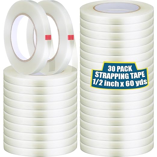 Treela 30 Rolls Filament Strapping Tape 5.5 Mil Transparent Reinforced Fiberglass Heavy Duty Packing Shipping Tape for Sealing Binding Fixing (1/2 Inch X 60 Yards)-DeskLoop Office