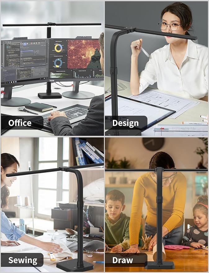LED Desk Lamp for Home Office, Double Head 24W with Base, Architect Light 5 Lighting Brightness Flexible Gooseneck Table Reading Study, Black-DeskLoop Office