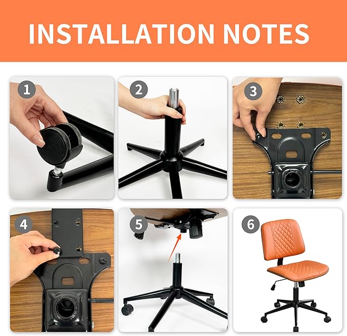 Armless Orange Home Office Chair – Mid-Back PU Leather, Adjustable Height Desk Chair with Swivel Wheels, Walnut Frame for Small Space Study or Bedroom-DeskLoop Office