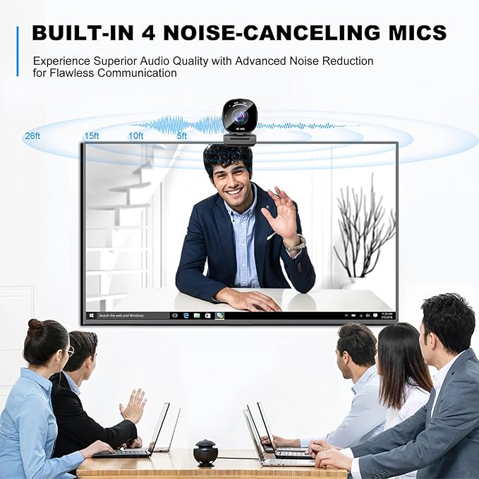 4K USB Webcam with 4 Noise-Canceling Mics, 50-92 FOV, Built-in OSD & Privacy Cover, Plug & Play for Zoom, Teams, Recording-DeskLoop Office