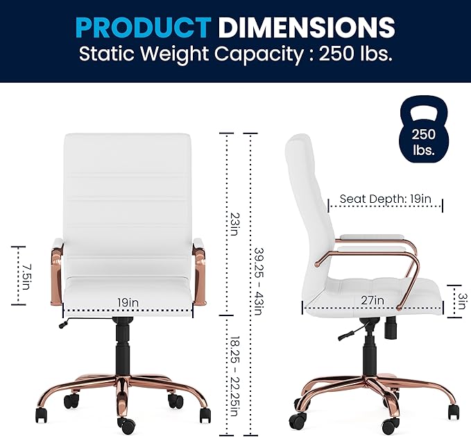 Flash Furniture Whitney High-Back Swivel LeatherSoft Desk Chair with Padded Seat and Armrests, Adjustable Height Padded LeatherSoft Office Chair, White/Rose Gold-DeskLoop Office