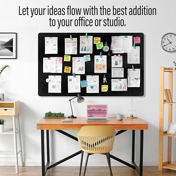 Large Bulletin Board 60 x 36 Inches - Foldable Felt Bulletin Board for Wall, Cork Board Alternative with 100 Color Pins & 12 Note Pads, Vision Board - Black-DeskLoop Office
