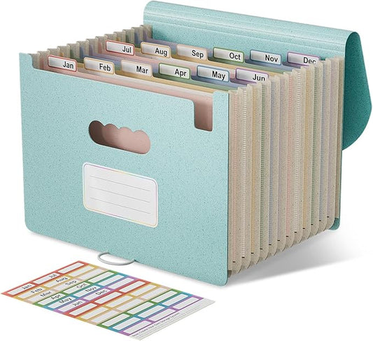 Accordion File Organizer, 13 Pockets Wheat Straw Expanding File Folder, Portable Monthly Paper Bill Tax Receipt Organizer, Letter A4 Size Document Holder with Colorful Tab - Sky Blue-DeskLoop Office