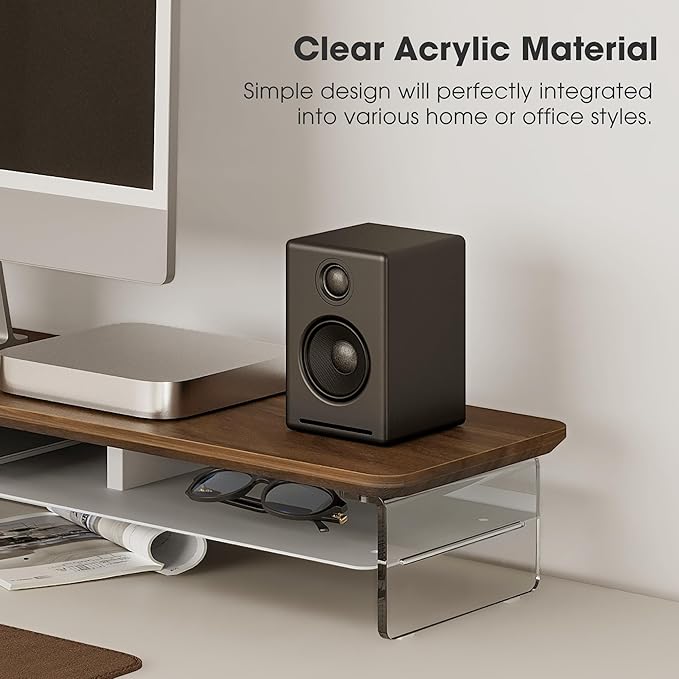 Fenge Acrylic Monitor Stand Riser, 42.5 Inches Dual Monitor Stand with Metal Storage, 2 Tier Acrylic Computer Riser for Desk, Clear Laptop Stand for PC, Laptop, Printer, TV, Brown-DeskLoop Office