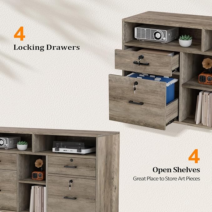 VINGLI Wide 4 Drawer File Cabinet with Lock, Rustic Grey Rolling File Cabinet with Open Shelves, Lockable Printer Stand, Letter Sized-DeskLoop Office