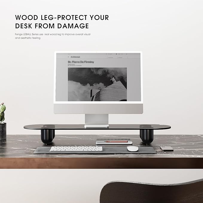 Fenge Monitor Stand Riser, 34 Inch Dual Monitor Riser for Large Monitors, Desk Organizer with Glass Shelf & Solid Wood Legs, Computer Stand for Laptop, TV, PC, Printer, Black-DeskLoop Office