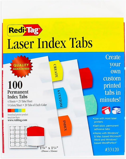 Redi-Tag Laser Index Tabs, Divider Tabs, Permanent Adhesive Indexes, Customizable Divider Labels, 1-1/8" x 1-1/4", Assorted Colors, 100 Tabs (B33120)-DeskLoop Office