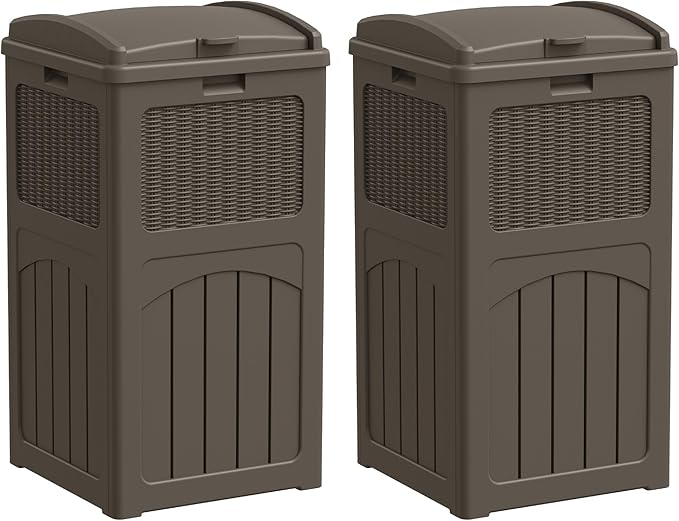 Greesum 33 Gallon Outdoor Trash Can with Lid (2-Pack), Heavy Duty Resin Garbage Bin, Waterproof & UV Resistant for Patio, Garden, Deck, Yard, Brown-DeskLoop Office