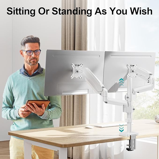 MOUNT PRO Dual Monitor Mount for 13-32" Computer Screen, Tall Monitor Stands for 2 Monitors, Adjustable Gas Spring Double Vertical Monitor Desk Mount, Each Arm Holds 4.4 to19.8lbs, VESA Mount, White-DeskLoop Office