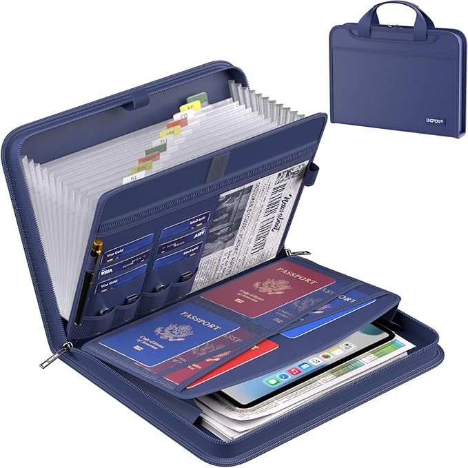 ENGPOW Accordion File Organizer,Fireproof Expanding File Folder with Multi Pockets,13 Pockets Document Organizer with Handle & Labels,Portable Home Travel Safe Storage Folder for Letter A4 Files,Blue-DeskLoop Office
