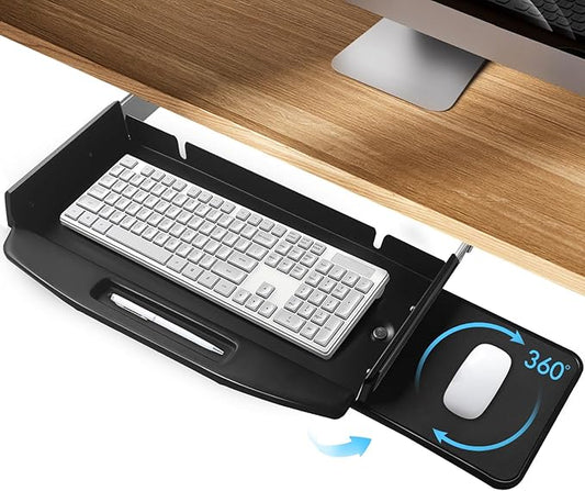 Solid Steel Under Desk Keyboard Tray Slide Out with 360° Rotating Mouse Platform,Keyboard Shelf Sliding,Under Desk Mounted Keyboard Holder,Under Desk Keyboard Drawer 28"Lx10"W-DeskLoop Office