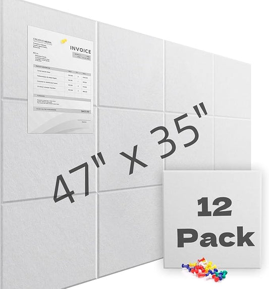 Large Cork Board for Walls 47" x 35" 12 Pack Black Bulletin Boards Felt Wall Tiles with Safe Removable Adhesive Corkboards for Office Home,White-DeskLoop Office