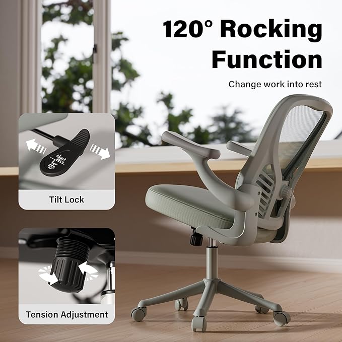 GYI Computer Desk Chair, Ergonomic Office Desk Chairs with Mesh Back, Adjustable Lumbar Support, Height, 3D Flip-up Arms, Wheels, Rocking Function, Grey-DeskLoop Office