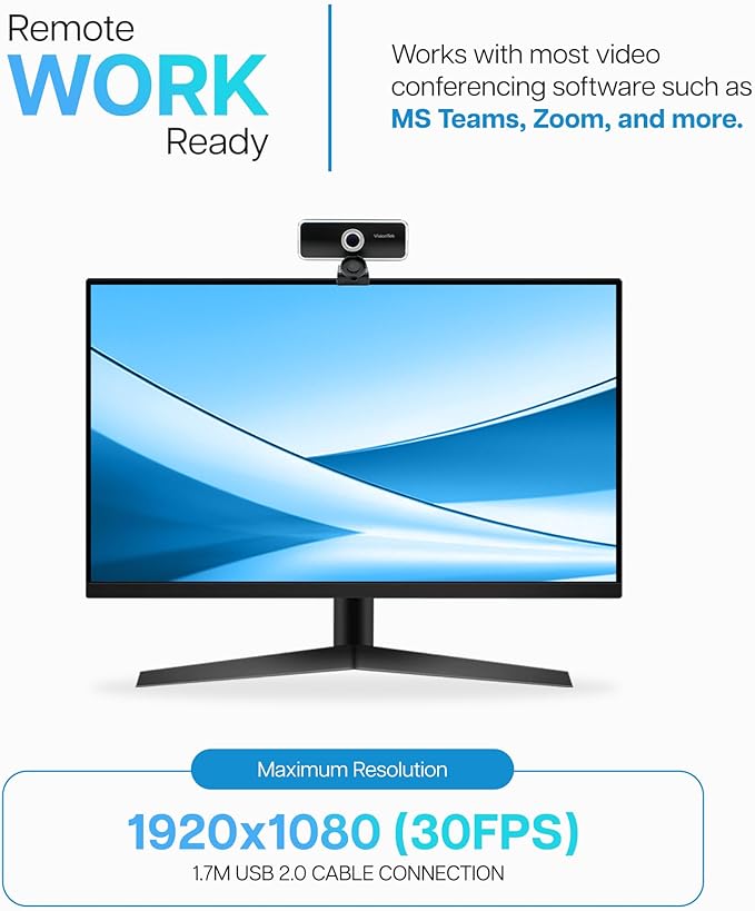 VisionTek VTWC20 Full HD (1080P 30FPS) Webcam, for Windows, Mac, Linux, & Chromebook w/Digital Microphone, Auto Focus, Privacy Cover, & Wide Viewing Angle-DeskLoop Office