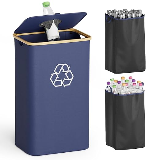 SpaceAid Recycling Bin for Kitchen 26 Gallon, 100L Recycle Bin with Lid and 2 Reusable Inner Bags, for Bottle Can Glass Plastic Stickers, Blue-DeskLoop Office