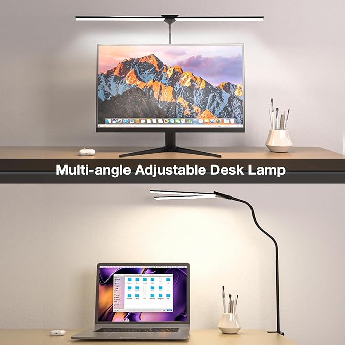 LED Desk Lamp for Home Office, Bright Double Head Desk Lamp with Clamp, Dimmable 5 Color Modes Desk Lighting, 12W Eye-Caring Architect Table Lamp for Workbench, Monitor, Reading, Study, 1400lm-DeskLoop Office