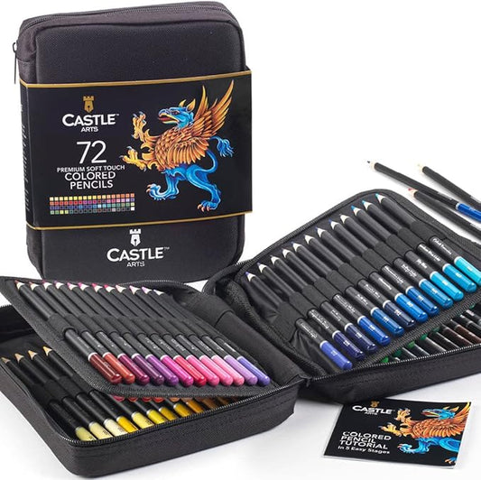 Castle Art Supplies - Set of 72 colored pencils with soft core for artists, professionals and adult colorists, sturdy zipper case for easy carrying-DeskLoop Office