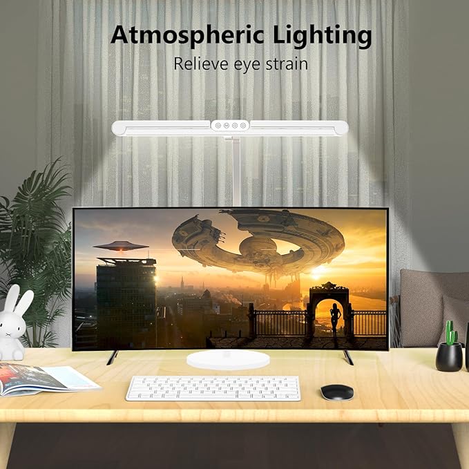 Micomlan Led Desk Lamp with Atmosphere Lighting, Rotatable Tall Architect Desk Lamp for Home Office with Swing Arm, 24W Bright Auto Dimming Adjustable Computer Light with Base for Table-DeskLoop Office