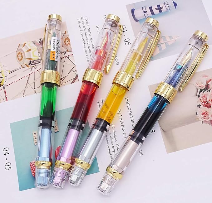 Lanxivi 4 Colors Yongsheng 3008A Fountain Pen Piston Filling Upgraded Fine Nib,Transparent Gold Trim-DeskLoop Office