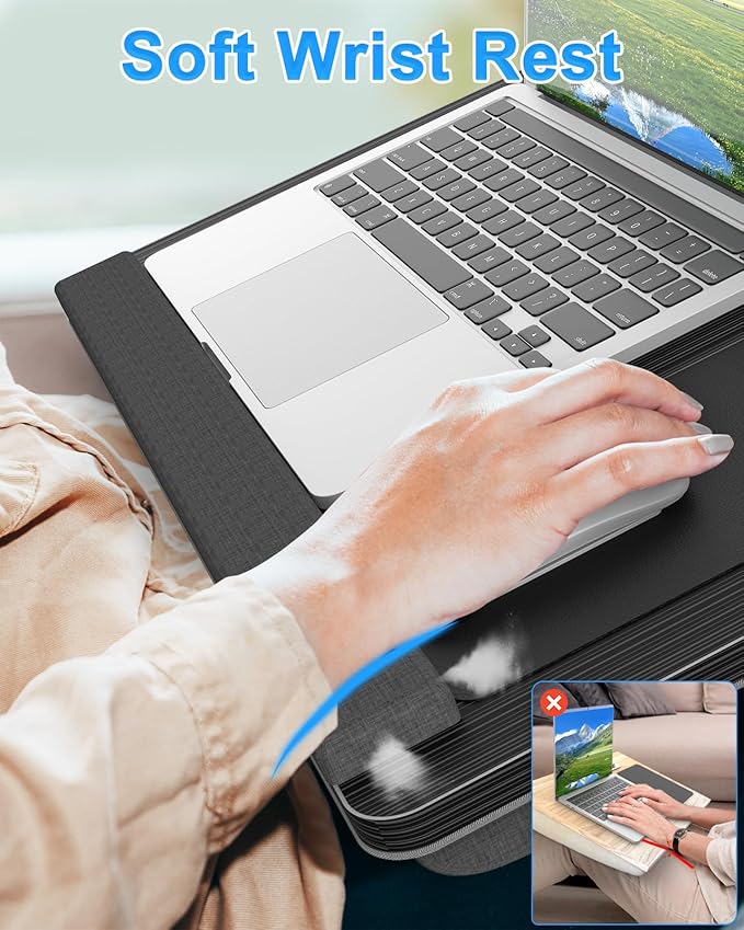 Laptop Lap Desk, Portable Large Laptop Desk for Bed, Up to 17 Inch Lap Pad Tray with Wrist Rest, Mouse Pad, Tablet Phone Slot, Portable Handle, Cushion (Black)-DeskLoop Office