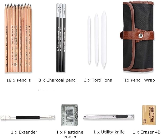 29 Pieces Sketch Drawing Pencil Set Included Graphite Pencils, Charcoal Pencils, Paper Erasable Pen, Craft Knife for Art Beginners-DeskLoop Office