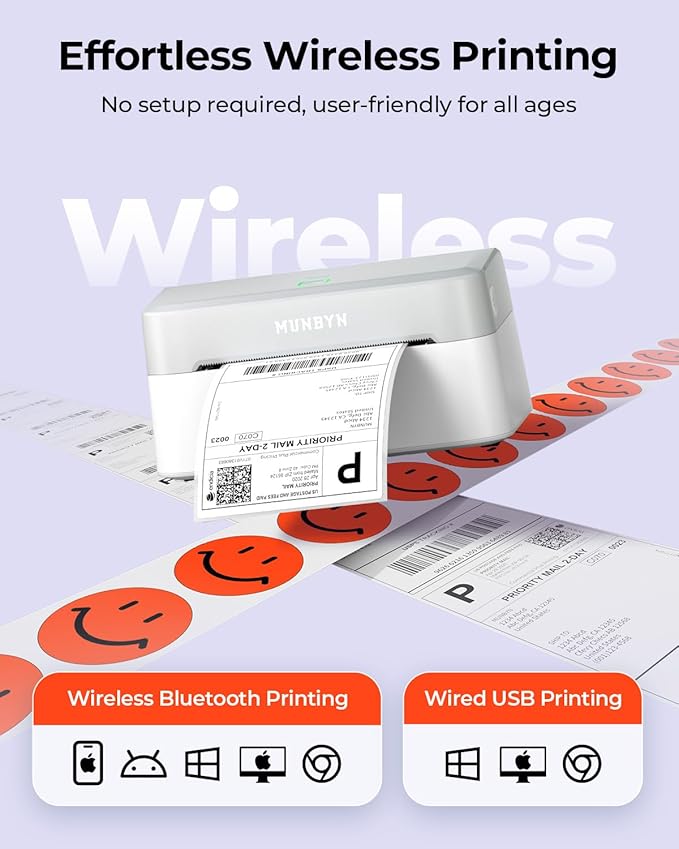 MUNBYN Bluetooth Thermal Label Printer RW403B, Wireless 4x6 Shipping Label Printer for Small Business, Compatible with Android, iPhone, Windows, Mac, Chromebook, Print Width 1.57"-4.25"-DeskLoop Office