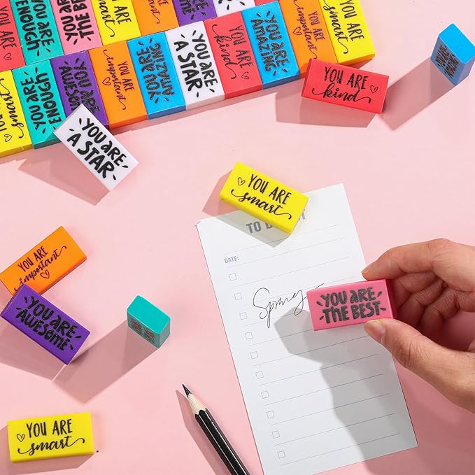 PerKoop 50 Pcs Inspirational Erasers Bulk Back to School Gifts Colorful Motivational Pencil Erasers for Kids First Day of School Favors for Students Teachers Classroom Office Supplies-DeskLoop Office