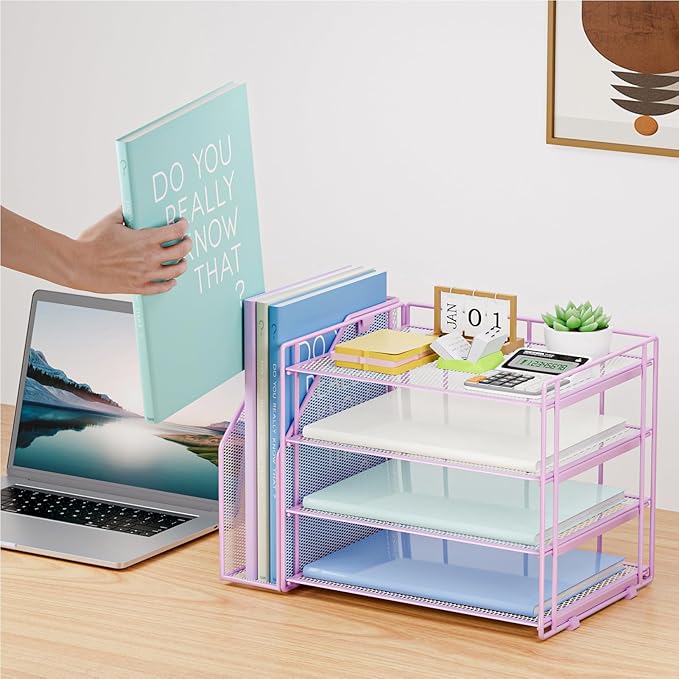 Marbrasse Desk Organizer and Accessories,4-Tier Paper Letter Tray Organizer with File Holder,Desk Accessories & Workspace Desktop Organizers for School Home Office Supplies (Purple)