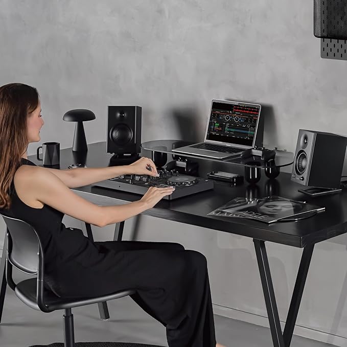 Fenge Monitor Stand Riser, 34 Inch Dual Monitor Riser for Large Monitors, Desk Organizer with Glass Shelf & Solid Wood Legs, Computer Stand for Laptop, TV, PC, Printer, Black-DeskLoop Office