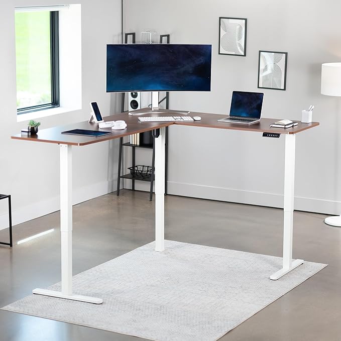 VIVO Electric Corner L-Shaped 75 x 63 in Standing Desk, Memory Height Adjustment, Dark Walnut Top White Frame, DESK-E3CTWD-75-DeskLoop Office