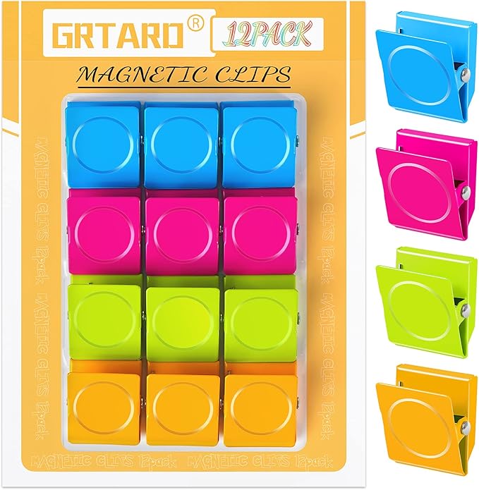 Grtard 12 Pack Magnetic Clips Heavy Duty, Colorful Strong Fridge Magnet Clips Heavy Duty, Metal Magnet Clips for Fridge, clip Magnets, Magnetic Clips for Refrigerator, Locker, Whiteboard, Home, Office-DeskLoop Office