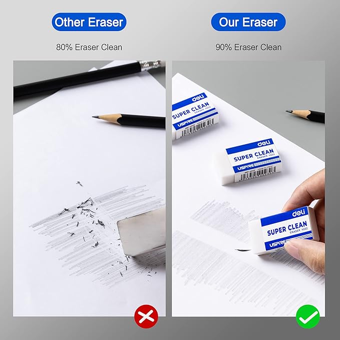 Deli Pencil Erasers, Pencil Eraser, 10 Pack, White Erasers, Erasers for Drawing, Kids, Artist, White, Large-DeskLoop Office