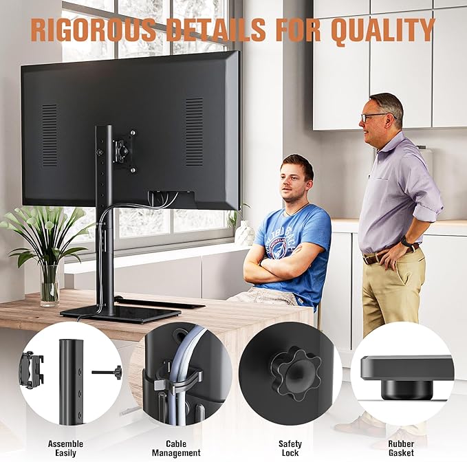 Single Monitor Stand Freestanding 27-43 Inch Monitor Arm Curved Screen Monitor Mount Tempered Glass Base Adjustable Motion Tilt -15° to 10° Swivel ±45° Rotation 360° Weight Capacity 77lbs HT05B-003-DeskLoop Office