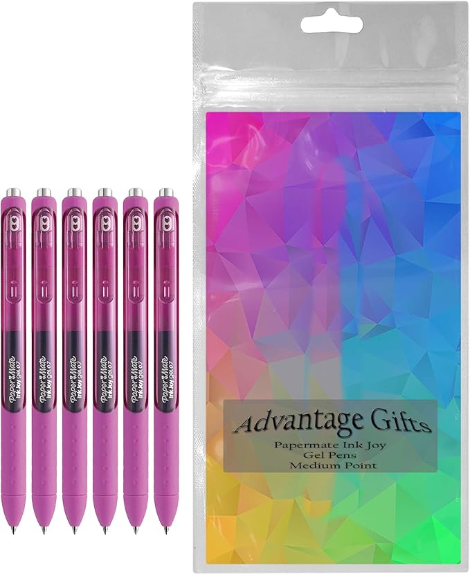 Paper Mate InkJoy Gel Pens, Berry Ink, Medium Point (0.7mm), 6 Count, Bundle with Plastic Reusable Pouch-DeskLoop Office