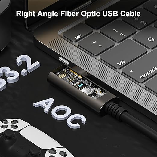 GeoHN.G USB C to C Fiber Optic Extension Cable 15M/50FT, Right Angle USB 3.2 10Gbps Long Distance Active Optical USB C Cable for VR/AR, Quest2, Webcam, Camera, Mini PC and More-DeskLoop Office