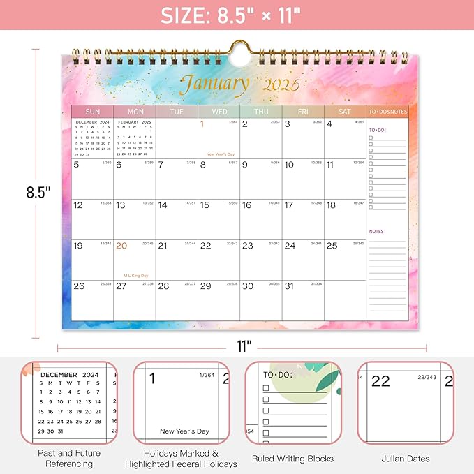 Lbylyhxc 2025-2026 Calendar - Includes January 2025 to June 2026 -18 Monthly Wall Calendar 2025-2026, 11 x 8.5 Inches.Thick Paper with Julian Dates and Block for New Year and Christmas Presents (Wall Calendar Colorful)