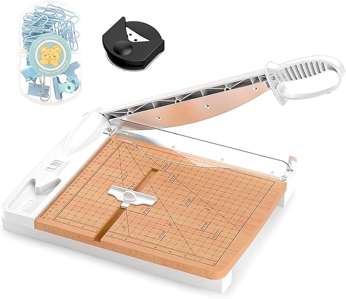 12 Inch Wood Guillotine Paper Cutter, Heavy Duty Wood Base Paper Trimmer with 32 Sheets Paper Cutting Board for Classroom, Crafting, Cardstock, Art Projects (White)-DeskLoop Office