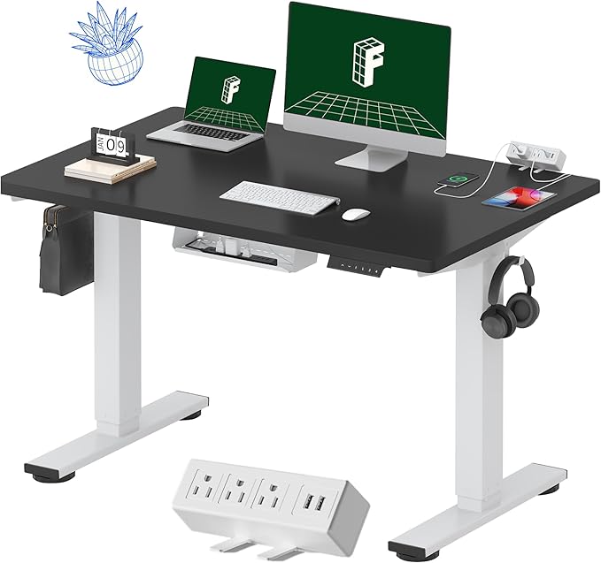 FLEXISPOT EN2 Whole-Piece Standing Desk with Clamp Power Strip, 48 x 30 Electric Stand Up Height Adjustable Desk with Cable Management (White Frame + 48" Black Top, 2 Packages)-DeskLoop Office