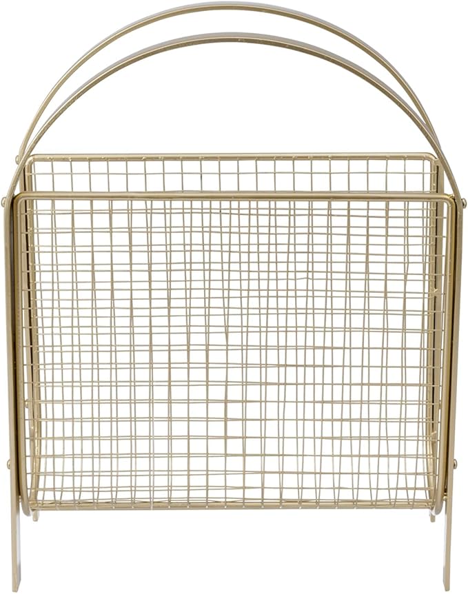 MyGift Mid-Century Design Magazine Rack, Matte Black Tone Metal Mesh Freestanding Magazine Organizer Holder Sling (Brass)-DeskLoop Office