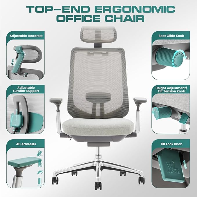 COLAMY Ergonomic Mesh Office Chair, High Back Computer Executive Desk Chair with Adjustable Headrest and 4D Arms, Slide Seat, Tilt Lock-Light Grey-DeskLoop Office