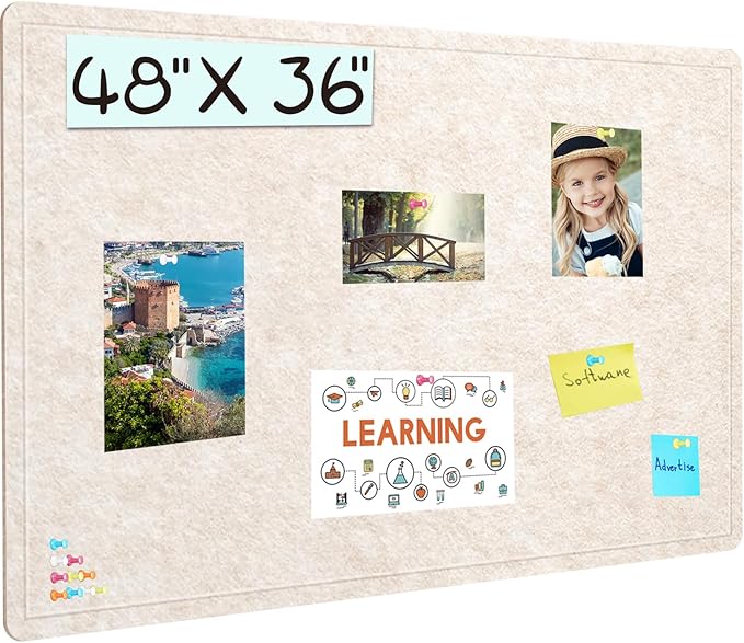 Large Bulletin Board, 48 X 36 inches Felt Board Notice Pin Board, 4' x 3'Cork Board Alternative for Wall, Self-Adhesive Vision Board Mood Board Foldable Photo Board with 30 Pushpin (Oatmeal)-DeskLoop Office