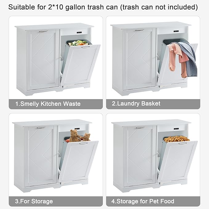 VECELO Double Tilt Out Kitchen Trash Bin Cabinet Dog Proof Garbage Can with Wood Holder Free Standing Recycling, White-DeskLoop Office